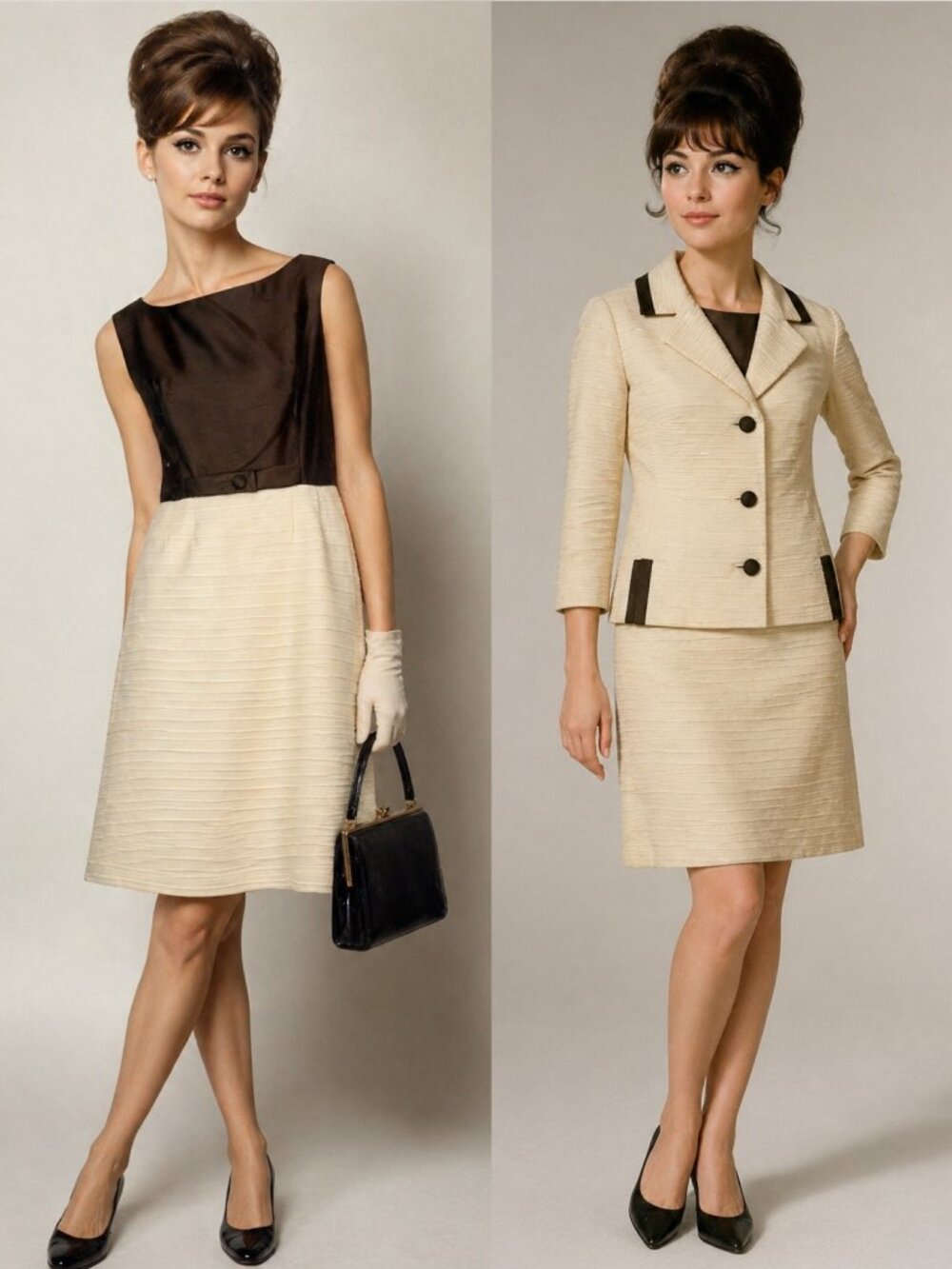 Vintage Lilli Ann 2 pc Dress Suit Set Silk Brown Cream 50s 60s Paris Retro M